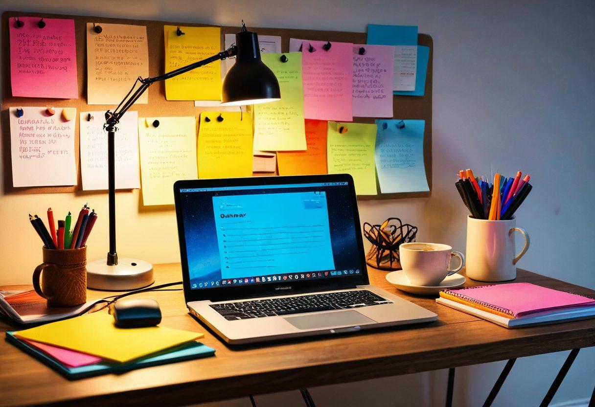 A modern workspace featuring a laptop open to a vibrant blog interface, surrounded by colorful stationery and a steaming cup of coffee. Include a soft glow of a desk lamp and motivational quotes on sticky notes, symbolizing creativity and productivity. The scene conveys an inviting atmosphere for blogging and online content creation. super-realistic. vibrant colors. cozy background.